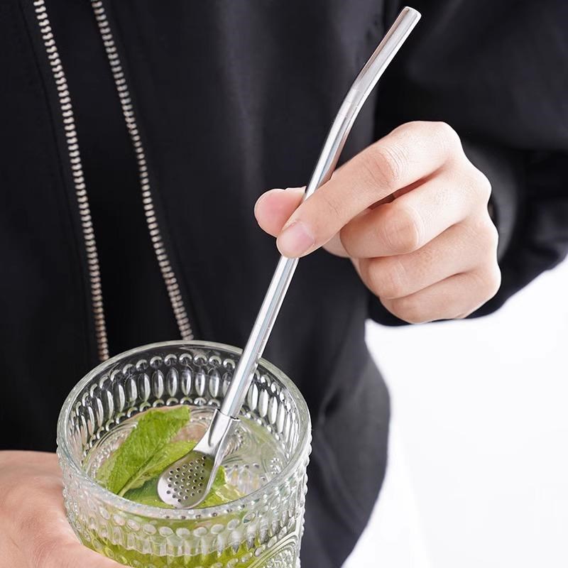 多功能加长吸管勺子不锈钢饮料奶茶搅拌过滤一体两用环保粗金属