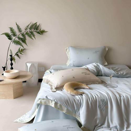 夏季少女心天丝四件套星星月亮刺绣被套凉感床单丝滑.m床上用品