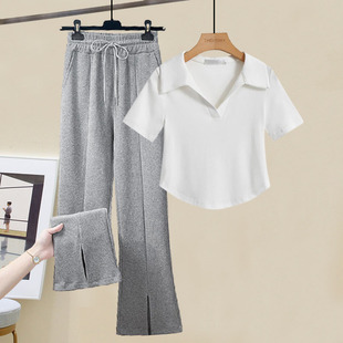 T恤女开叉阔腿裤 蛇年新款 女设w计感小众别致短N袖 套装 小个子夏季