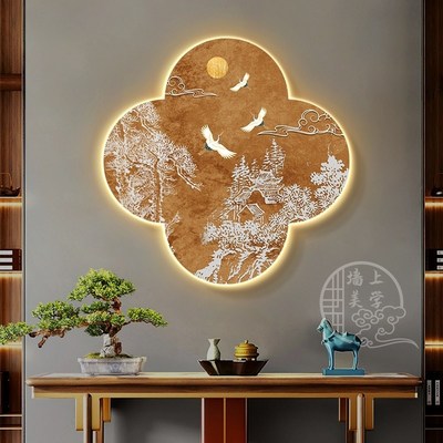 新中式琼楼玉宇玄关装饰画茶室走廊过道挂画客厅餐厅背景墙壁灯