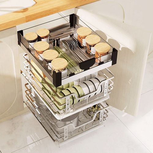 加深47橱柜厨房碗碟拉篮304不锈钢抽屉碗架K小拉篮400柜体450阻尼