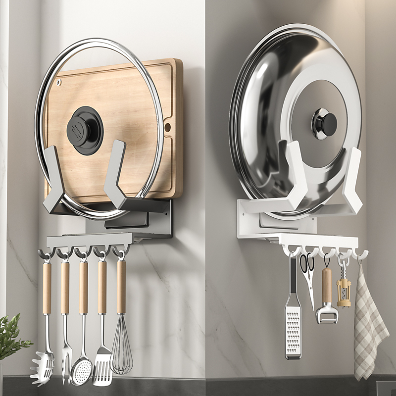 免打孔大锅盖架厨房置物r架壁挂式墙上架子家用放砧板菜板收纳架