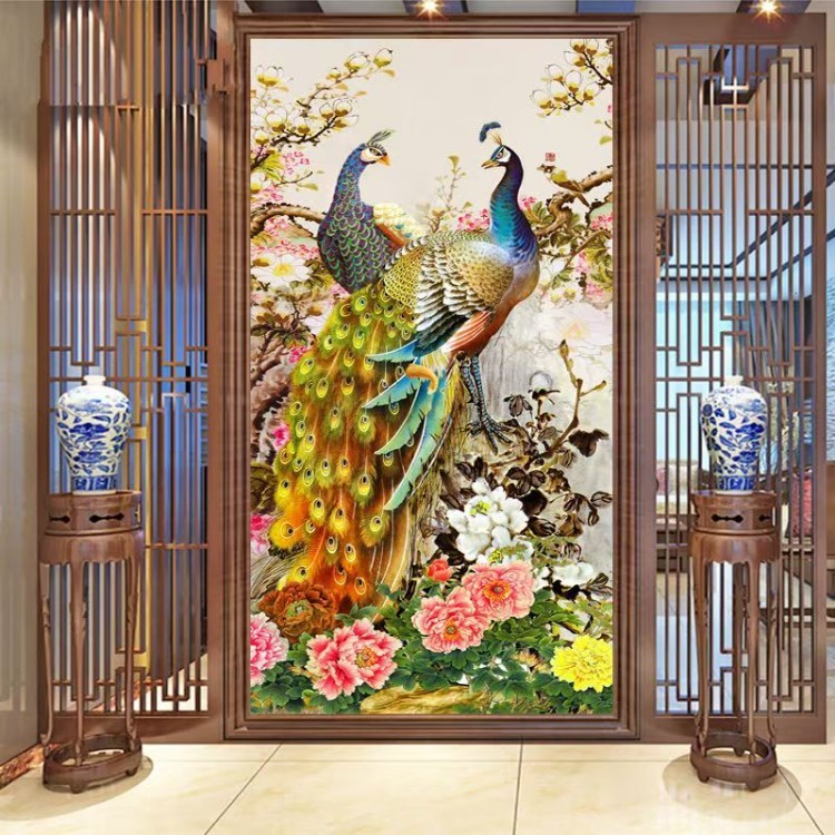 十字绣串珠子绣圆珠绣彩珠绣十字绣繁花似锦两只孔雀开屏玄关