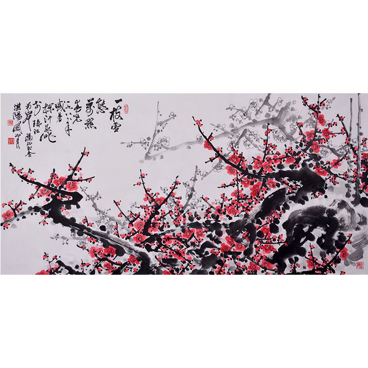 纯手绘关山月国画花鸟画横幅字画作品红梅花画客厅挂画收藏