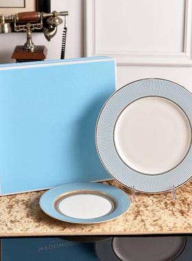 天简约蓝色陶条纹骨瓷MOX餐盘家高档新款W家用金边盘子高级瓷上菜