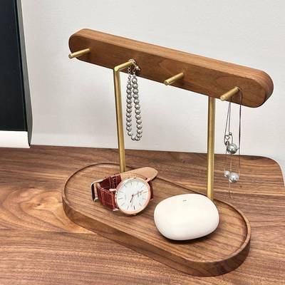 家用木质面桌置黑钥匙首饰木物架双SN15801层收纳架办公桌胡桃黄