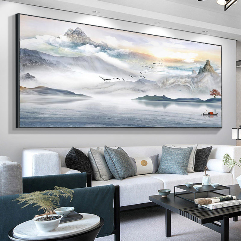 新中式客厅装饰画办公室山水画沙发背景墙挂画背有V靠山中国风字