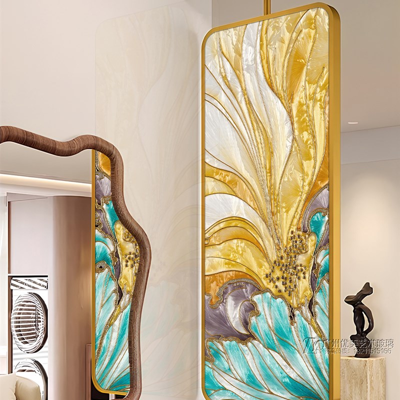 珐琅玻璃屏风隔断客厅入口门浴室隔断墙艺Y术玻璃屏风