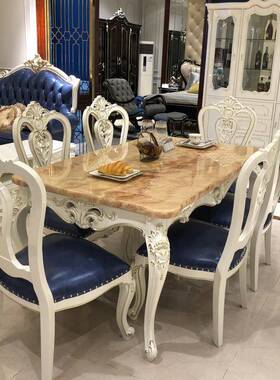 欧式实木餐桌大理石厂面长1桌子.6876米吃饭桌一桌椅组合家直六销