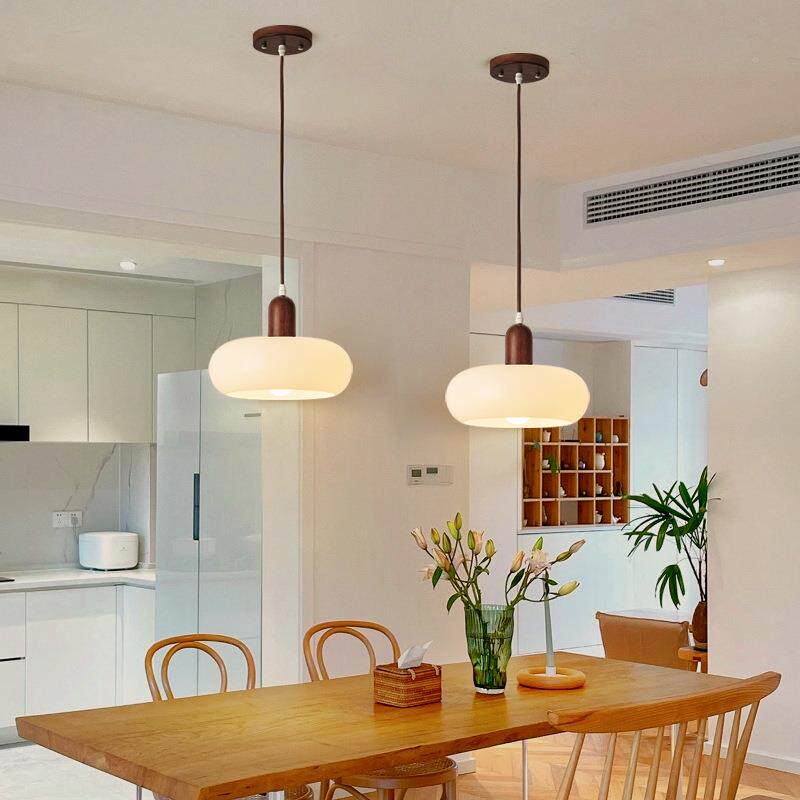 北欧奶油风胡桃木色玻灯吊灯创意餐厅灯吧简台吊MD-01-47日式约卧
