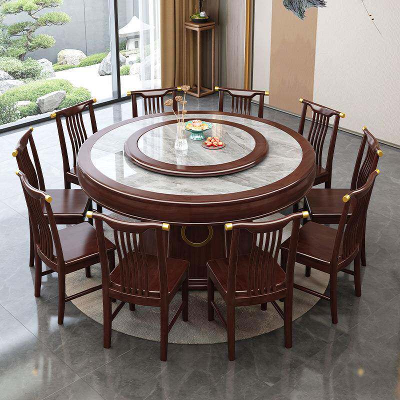 新中式岩圆板桌椅家用带木转盘乌金实木1.8m613#圆桌酒餐店2米大