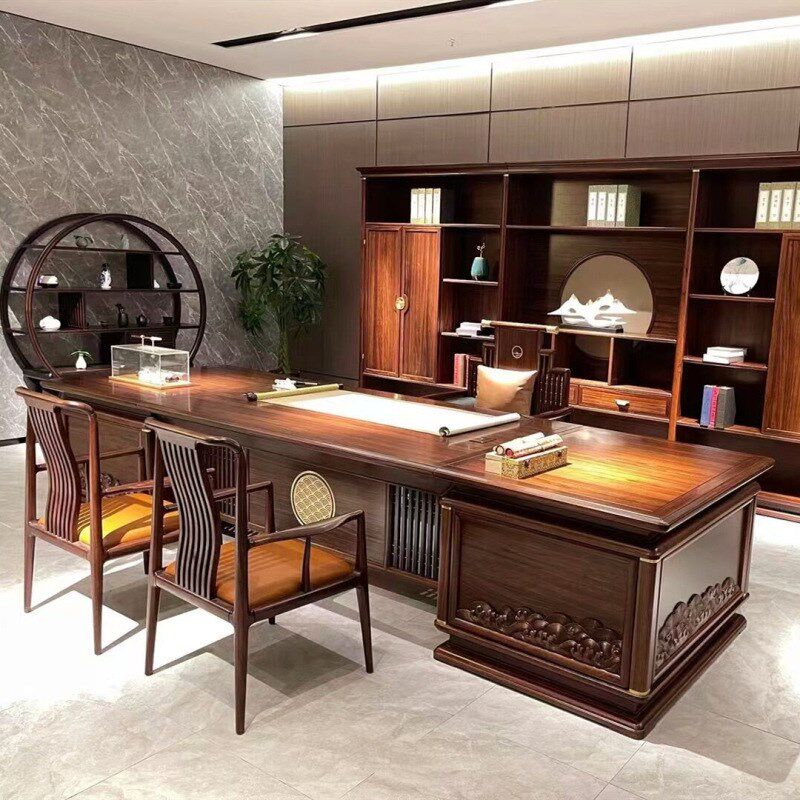 新中式实木大班台时尚大气办公桌经理总裁办公室乌金木老板桌全套