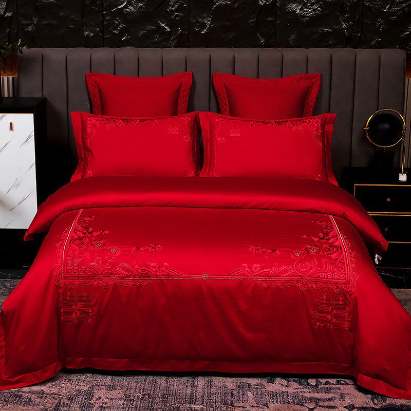 sys高调奢华高级婚庆四件套大红色刺绣结婚婚房陪嫁床单被套枕套