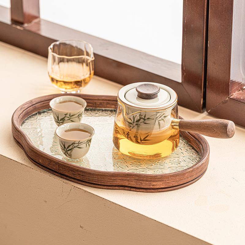 手绘翠绿文竹侧便把套壶茶具茶盘装一壶二茶杯携式户外泡24JS06-9