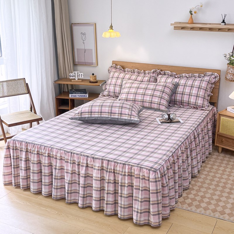 全棉水洗棉床裙A类纯棉o色织床罩1.2m1.5米单人条纹方格男士床套