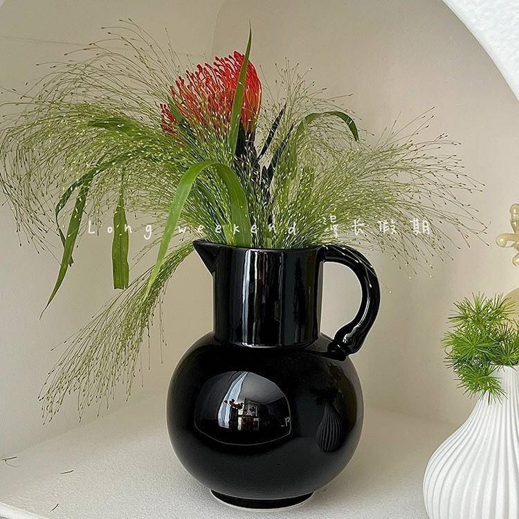 件欧式黑色提手ali—711陶瓷花瓶摆卧厅插花民宿I室餐NS风装饰