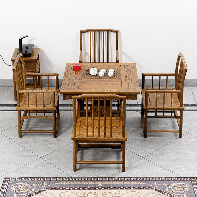 红木家具鸡翅木茶台实木泡茶桌正方形H茶几圈椅凳子组合中式棋牌