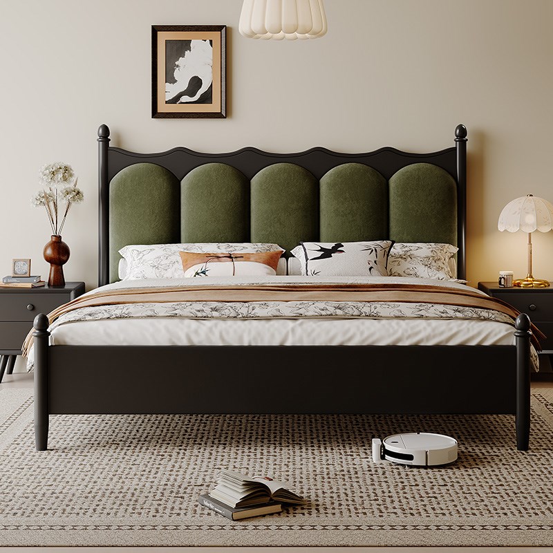 布艺床法式复古床k中古床1米8双人床2米x2米2大床黑色奶油风床卧