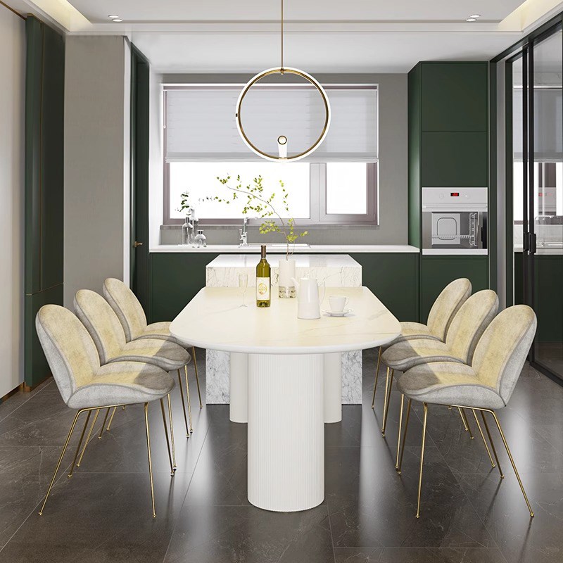 意式岩板餐桌现代l简约轻法式奶油风实木岛台餐桌小户型家用吃饭