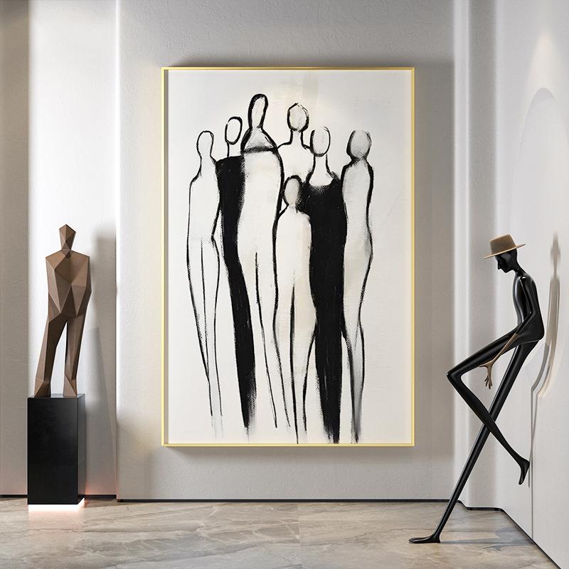 白现代轻奢客厅玄关饰画黑装灰抽象人物艺术背景墙壁画竖EM-2099