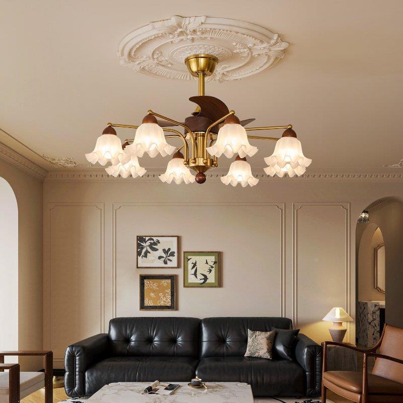 复法式书高端客厅卧室花朵风45261扇吊灯美式古灯中古房风餐厅房