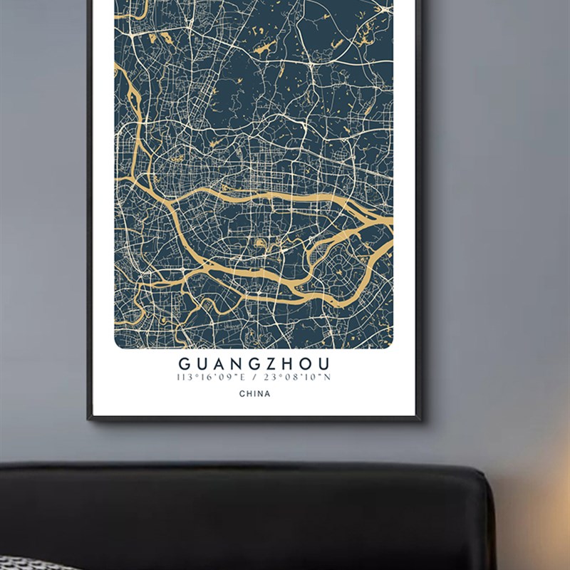 鳟鱼 定制办公室线描城市地图装饰画 客厅沙发背景墙挂画公司壁画图片