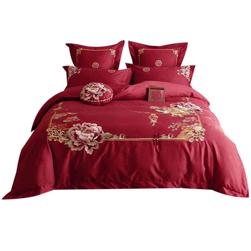 高奢绣花100S红色喜被结婚四件套纯棉婚庆床单床盖款婚庆床上用品