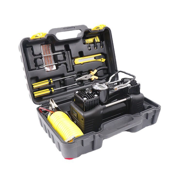 鹏锐便携式双杠车载金属电动汽车充气泵数显表+工具箱+铁质银工具