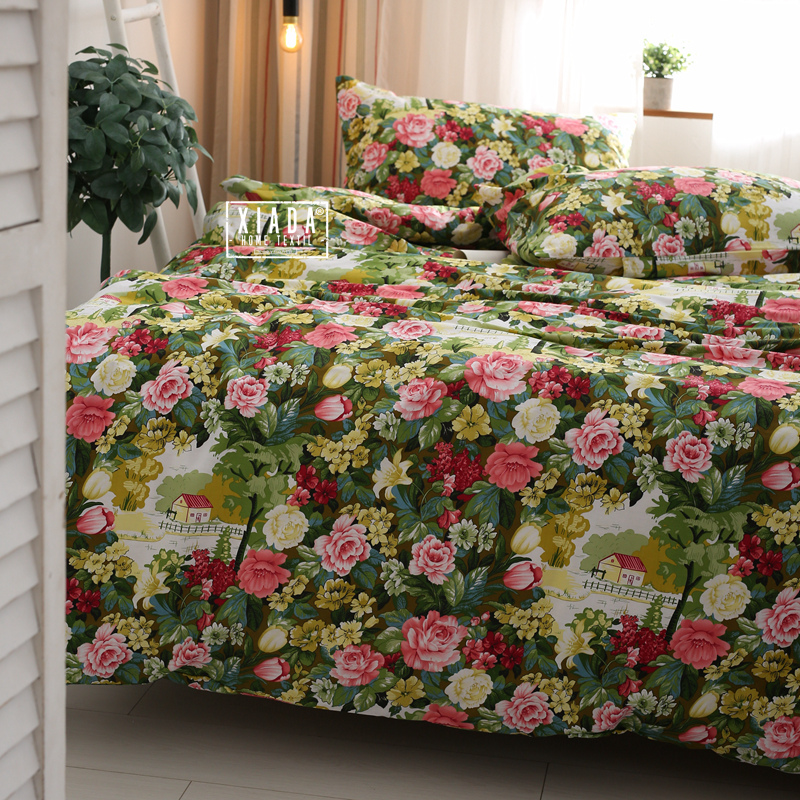 全棉被套单件 150x200X230cm秋冬纯棉被罩斜纹布田园风大花朵绿色