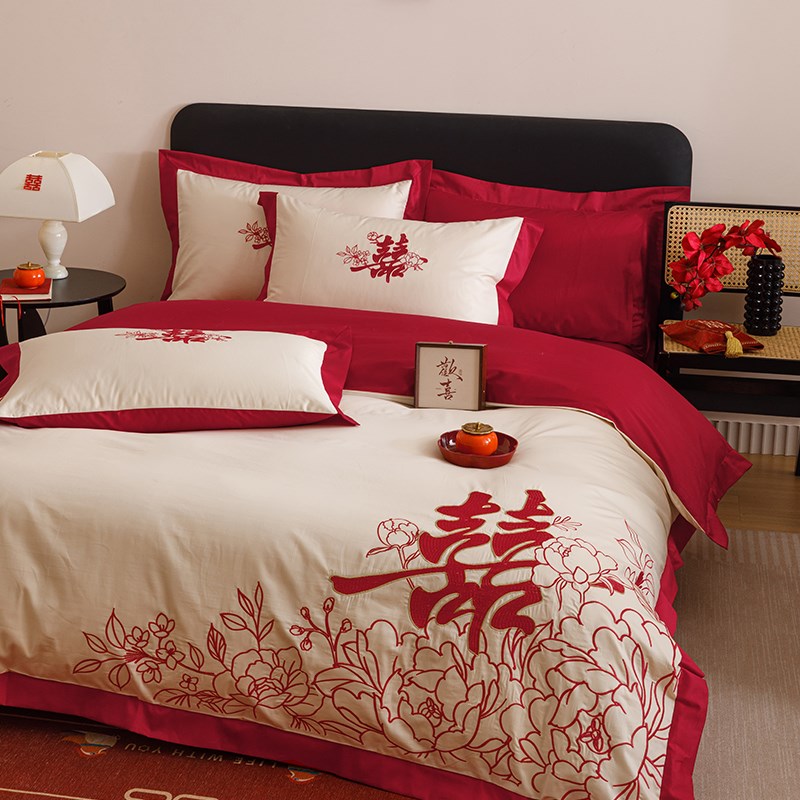 高档中式结婚四件套大红色新婚陪嫁被套婚庆床上用品婚房备婚喜被