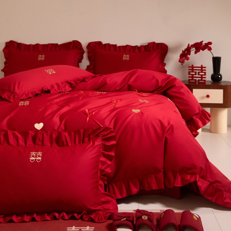 高档中式喜字结婚四件套大红色新婚陪嫁被套婚庆床上用品婚房备婚