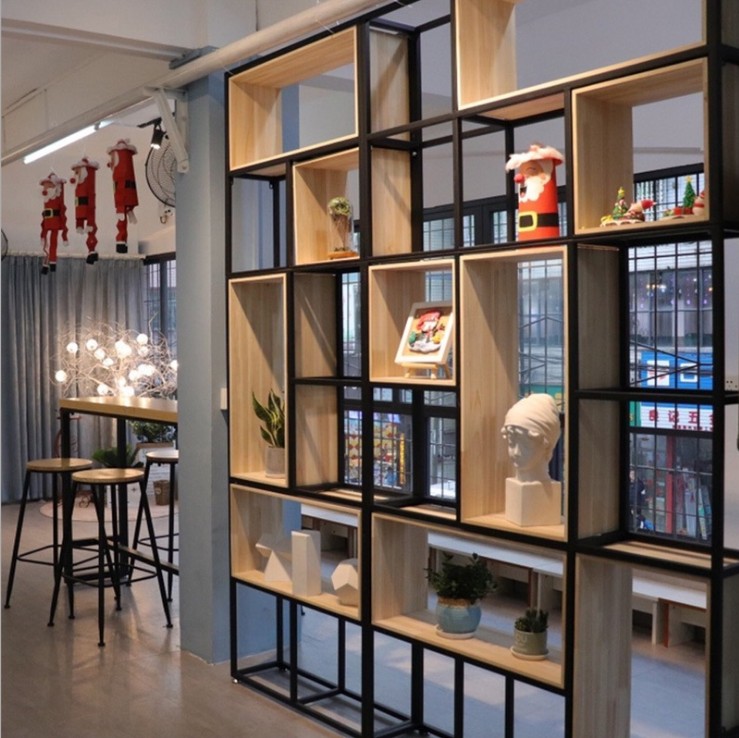 美式铁艺落地屏风隔断客厅架子实木书架现代简约展示架隔板置物架