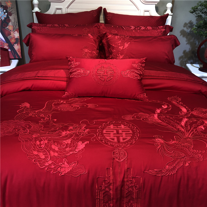 高端140支匹马棉刺绣四件套全棉大红色婚庆陪嫁结婚被套新婚床品