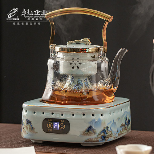 围炉煮茶家用室内电陶炉小型玻璃蒸茶器煮茶壶套装W千里江山方炉