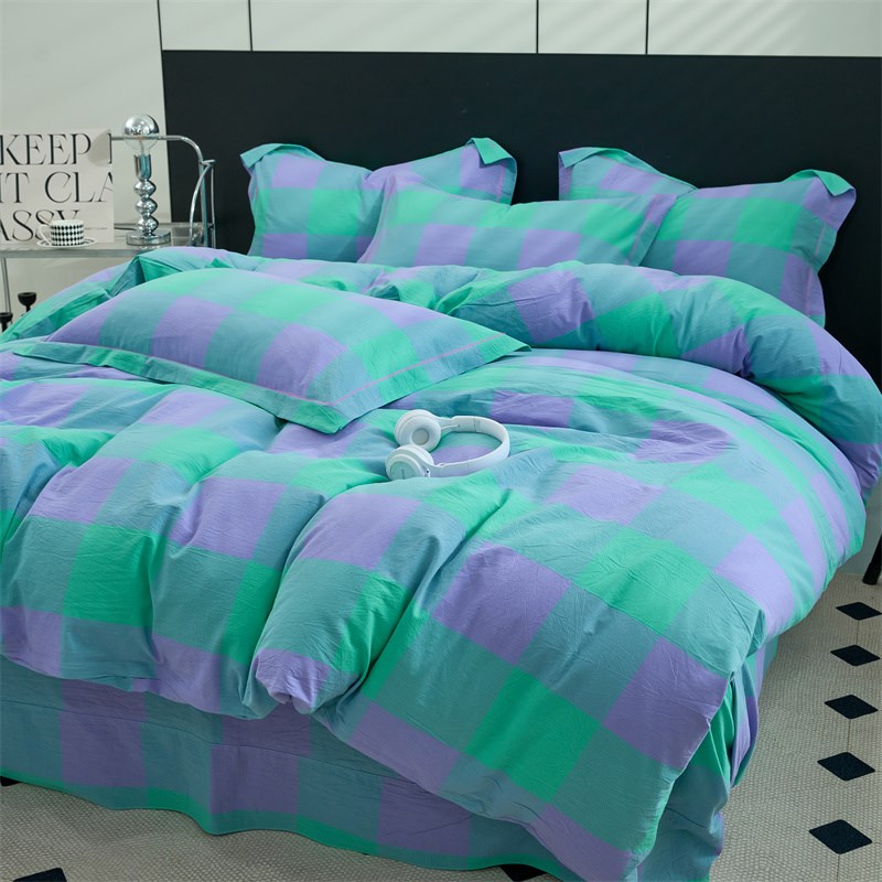 爆款全棉色织水洗棉四件套100%纯棉格子被套2m双人床单全棉被罩软