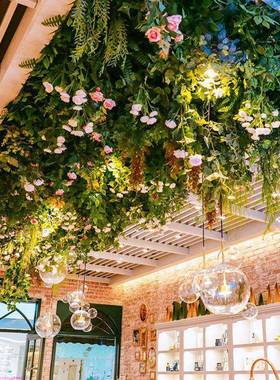 绿植天花板吊顶装室部软内造景藤条绿叶网红QWR顶塑料假植物装饰