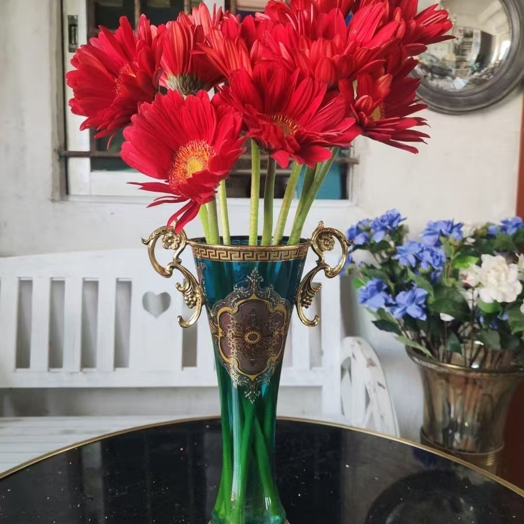 欧式铜配玻璃蓝色花瓶摆件客厅别墅样板房精致摆件工艺品鲜花花器