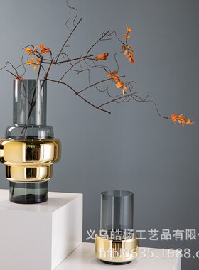 轻奢电镀金灰色极简玻璃落地花瓶设计师软装饰品直筒插花摆件