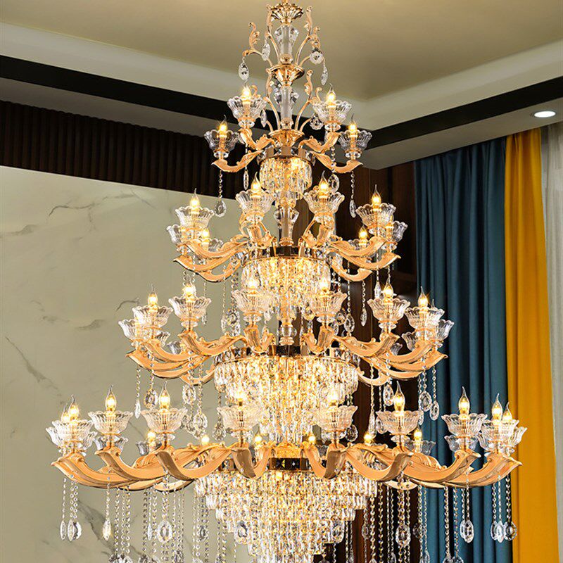 ft豪华别墅复式楼客厅水晶大吊灯挑空楼中楼酒店大堂灯具欧式锌合
