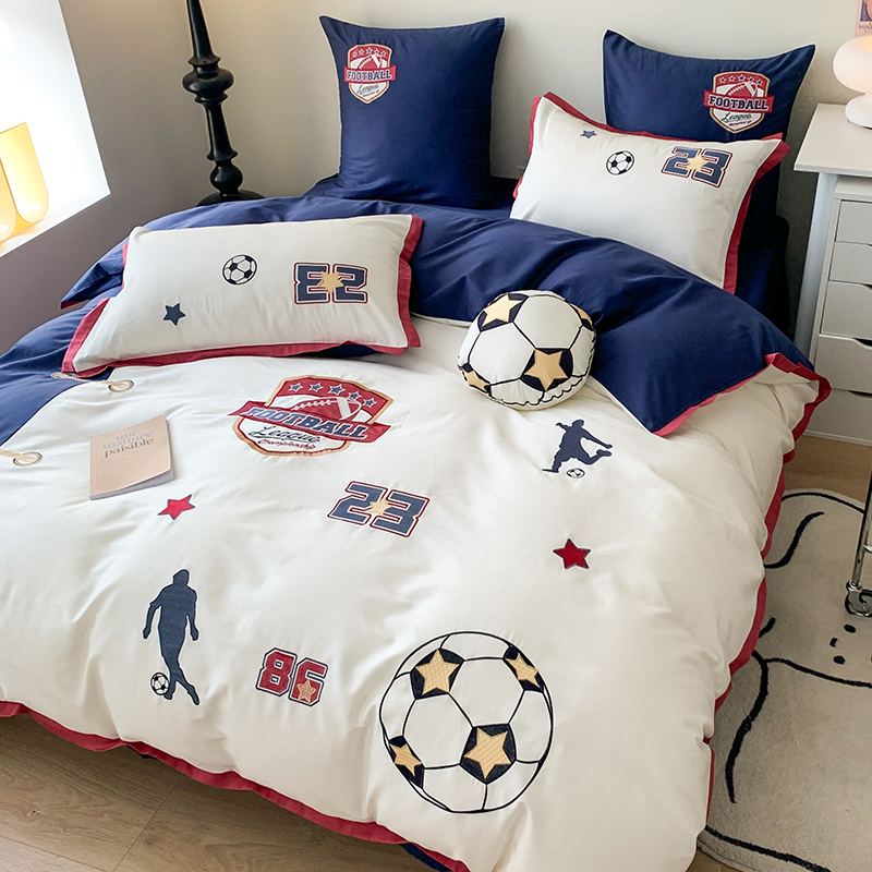 卡通男孩140支长绒棉全棉四件套足球刺绣被套纯棉儿童床品三件套