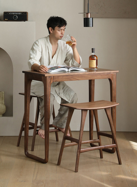 意式极简小吧台北美黑胡桃木吧台简约品酒桌两人小餐桌家用小书桌