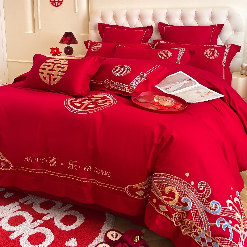 高档龙凤刺绣全棉结婚四件套大红色床单被套纯棉喜被婚庆床上用品