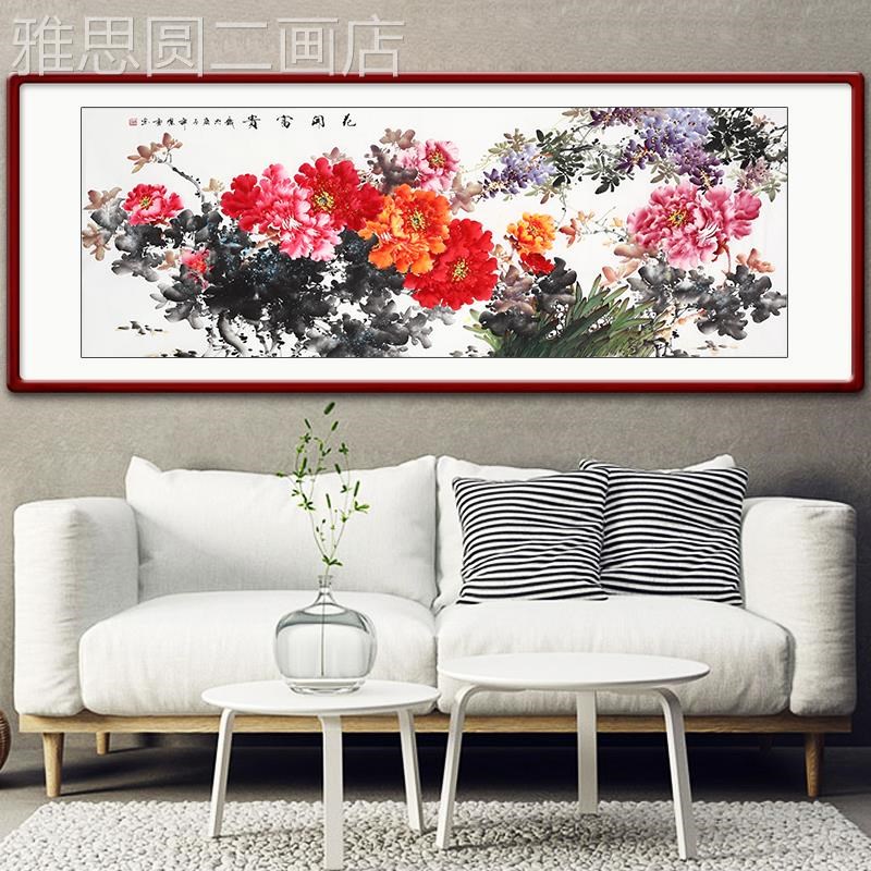 网红手绘牡丹国沙画厅装饰画发客背景墙壁画花开富贵现代中式挂画图片