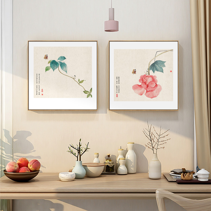 新中式餐厅装饰画客厅原木风花鸟挂画日式酒店民宿墙画茶室壁画框