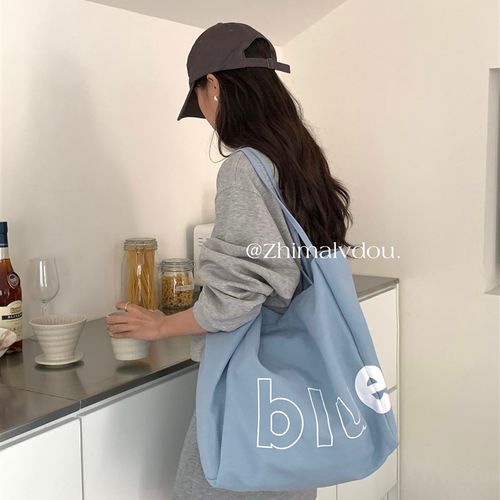 韩国经典字母款蓝色帆布包大容量单肩包简约细带手提包通勤购物袋