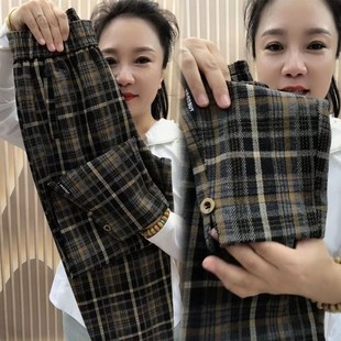 宽松88cm毛呢格子九分裤 女显瘦百搭萝卜裤 加厚老爹裤 小个子秋冬季