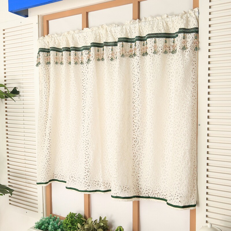 飘窗小窗帘短帘半帘纱帘免打孔安装柜帘防尘帘厨房透光帘蕾丝珠帘