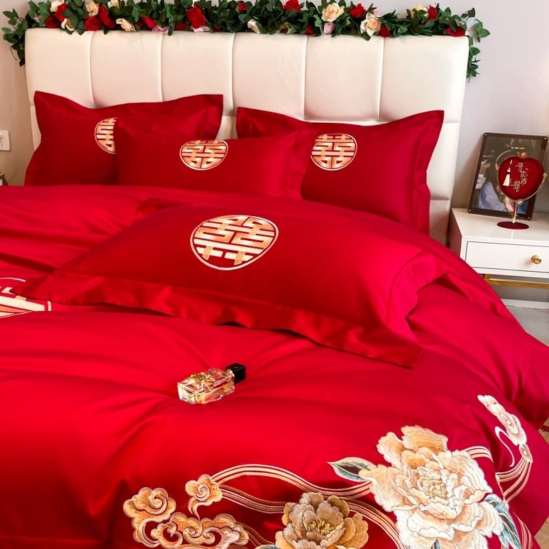 全棉结婚四件套红色陪嫁床单被套新婚礼婚庆床上用品婚房
