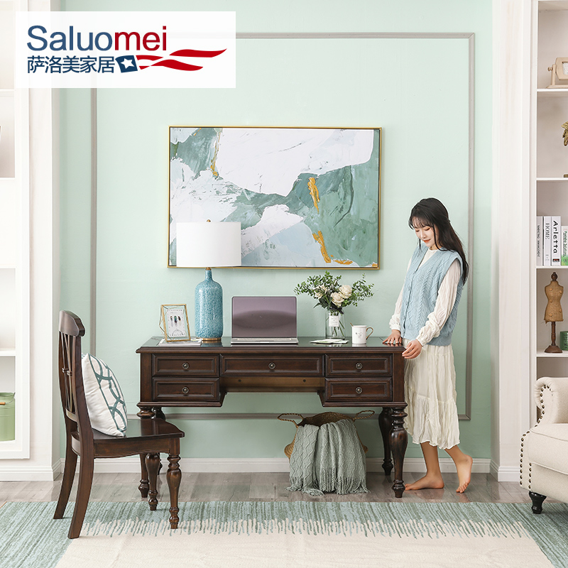 美式乡村全实木书桌椅组合1.4米写字台简K约纯实木胡桃色书房家具