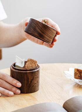 黑胡桃牙木牙线签盒多功能带盖实木棉收创纳盒家JX6030用意双格牙